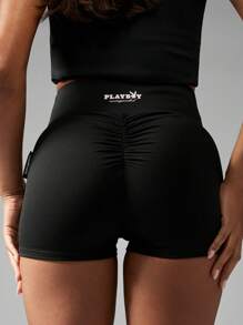 Missguided x Playboy 运动系列褶皱短裤高腰压缩健身跑步瑜伽舞蹈训练性能运动短裤 - 黑色 - 查看 3