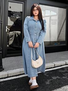 SHEIN EZwear Plus Size Casual Washed Snap Front Puff Sleeve Denim Dress - Light Wash - View 6