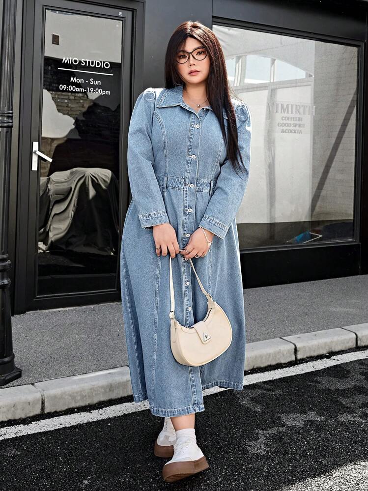 SHEIN EZwear 大码休闲水洗按扣泡泡袖牛仔连衣裙 - 淺色水洗藍 - 查看 6