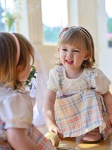 Souflis Souflis Baby Girl Puff Sleeve Peter Pan Collar Bowknot Dopamine Grid Cute Front Decorated Jumper Dress