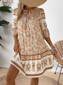 Breezaya Women Fashion Printed Lantern Sleeve Tie Neck Dress Vacation Beach Outfit