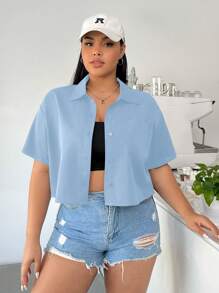 SHEIN EZwear Plus Size Blue Woven Loose Casual Short Sleeve Shirt For Summer - Blue - View 3