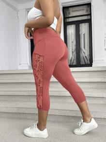 Calvaya Lace Patchwork Tight Leggings, Solid Color Fashion, Suitable For Summer - Dusty Pink - View 2
