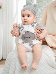 SHEIN Summer Newborn Male Baby Gray Pit Stripe Round Neck Short Sleeved Top Paired With Cute Cartoon Elephant Embroidery Pattern Shoulder Strap Jumpsuit Two Pieces Set - Multicolor - View 3