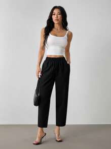 SHEIN PETITE Women Casual Commuter Plain Color Tapered Pants - Black - View 4