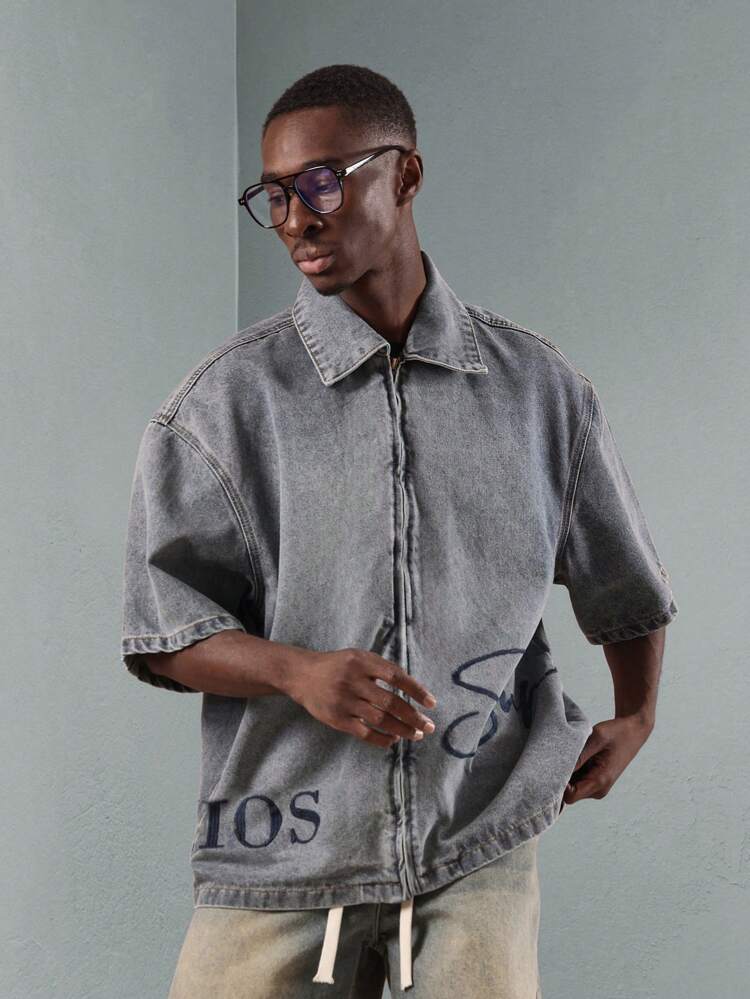 Oversized Half Sleeve Zip-Up Denim Top