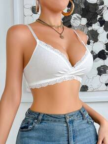 Solid Color Romantic Lace Patchwork Comfortable Wireless Bra - White - View 4