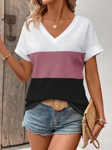 SHEIN LUNE Women's Vacation Casual Colorblock Patchwork Short Sleeve T-Shirt - Multicolor - View 6