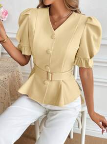 Elenzga Blouse élégante à col V, manches bouffantes détendues, taille cintrée, ourlet asymétrique à volants, style printemps/été pour femmes
