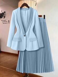 Rometta Plus Size Women Solid Color Long Sleeve Blazer With Pleated Midi Skirt Suit Set Graduation,Back To School,Teacher Outfits For Women Fall Cloth For Women Autumn - Baby Blue - View 4