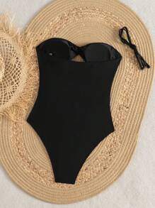 SHEIN Swim Traje de baño de una pieza elegante para mujer con diseño de estilo de dos maneras, unicolor sin tirantes con tirante desmontable + top tubo, decoración de metal con laser cut, para el verano y la playa - Negro - Ver 8