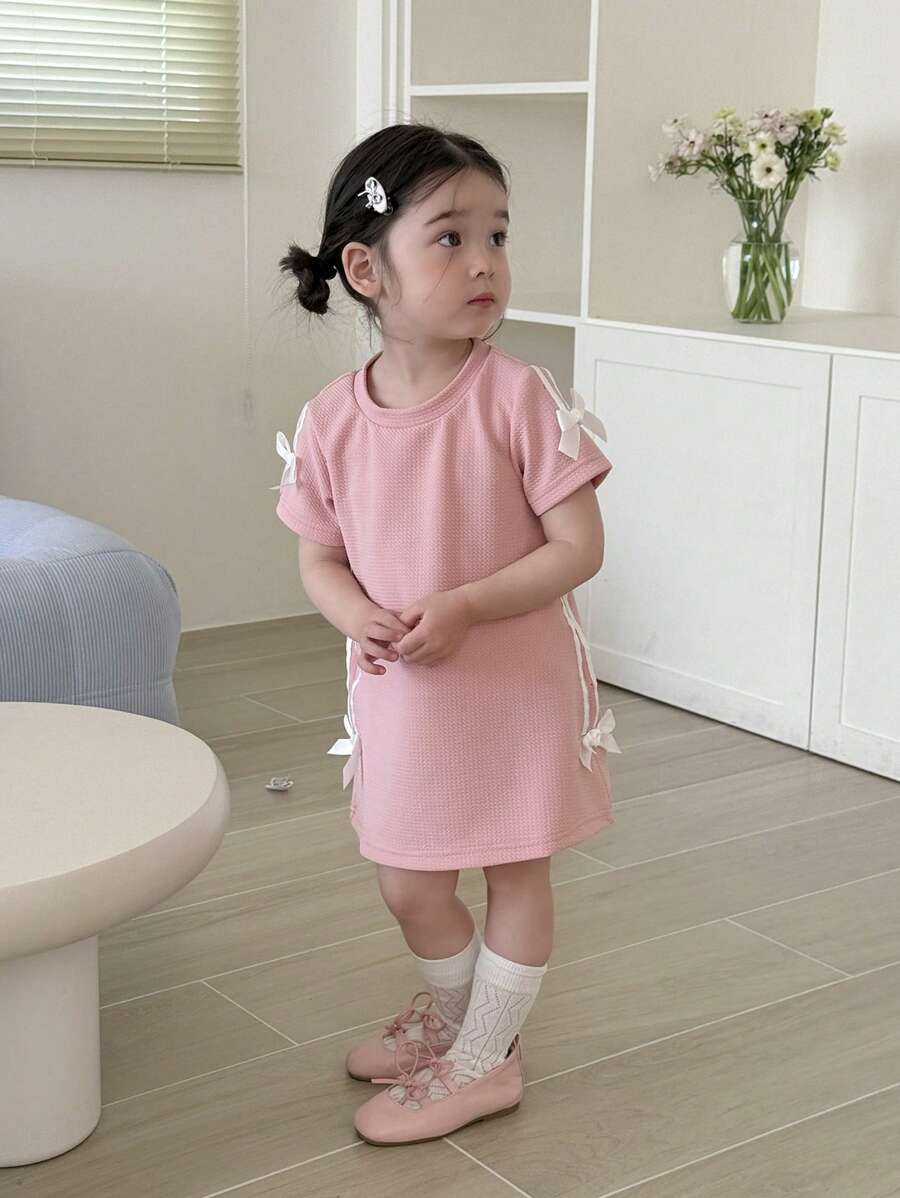 Genkimix Kids 女婴休闲日常甜美肩部缝线蝴蝶结设计针织连衣裙,春夏女婴服装,女婴连衣裙,S码女婴连衣裙,女婴休闲连衣裙 - 粉色 - 查看 1