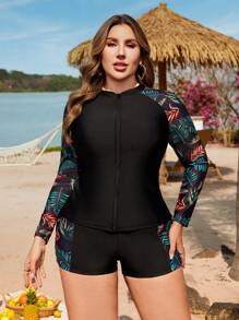 Swim Lushoire Plus Size Women 3pcs Set Tropical Rainforest Print Zipper Long Sleeve Split Sporty Casual Swimsuit Beachwear Set For Summer Beach Vacation