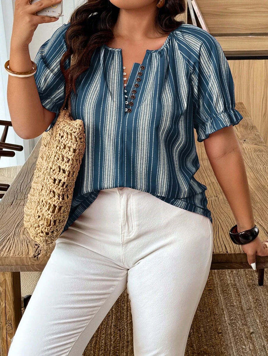 EMERY ROSE Plus Size Casual Striped Print Short Sleeve Shirt - Teal Blue - View 1