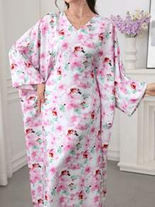 Al Najma 2025春夏新款中东阿拉伯风格休闲土耳其印花连衣裙，简约长袍 - 粉色 - 查看 3