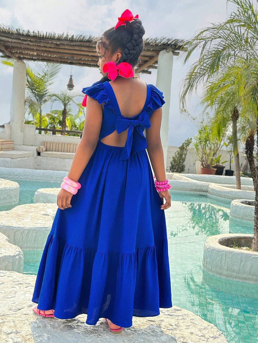 SHEIN Tween Girl 度假休闲春夏编织纹理荷叶边下摆连衣裙，适合海滩或度假胜地 - 藍色 - 查看 1