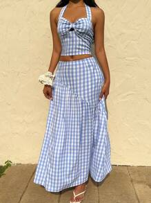 Sunnyshic Set elegante da donna composto da una camicetta allacciata a quadri e una gonna ampia