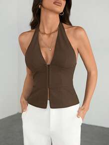 SHEIN Tall 女士 V 领纯色休闲西装外套梭织西装背心，性感办公室警笛复古教师秋季女士秋季西装办公室套装 - 棕色 - 查看 1