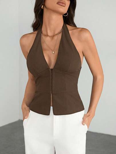 SHEIN Tall Blazer casual de unicolor con cuello en V para mujer, top de traje tejido - Conjunto de otoño vintage seductor de oficina para maestras