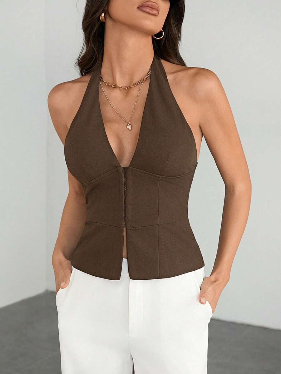 SHEIN Tall 女士 V 领纯色休闲西装外套梭织西装背心，性感办公室警笛复古教师秋季女士秋季西装办公室套装 - 棕色 - 查看 1