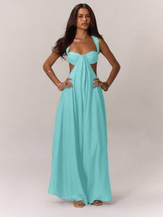 MUSERA 超宽腿连体裤，前胸罩杯，侧面镂空，露背，波西米亚风，西部风，春夏季度假，沙滩装，优雅，伊比沙岛，节日，婚礼，宾客约会，夜晚，性感，波西米亚风，蓝色，圣诞节