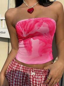 SHEIN EZwear Áo crop top họa tiết hoa màu hồng đơn giản dành cho nữ, phù hợp cho mùa hè - Nhiều màu - Xem 4