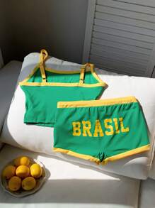 Comfortcana Conjunto de top corto y pantalón corto de ajuste delgado con impresión de letras en colores de la bandera de Brasil para verano