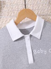 2 件/套 Tween 女童字母印花 Polo 领短袖 T 恤和褶皱迷你裙，休闲 - 灰色 - 查看 4