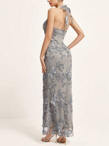 Aveloria Rosie Elegant Romantic Sexy Mesh Floral Deep V Backless Bodycon Mermaid Dress For Ladies All Over Print  For Summer - White - View 2