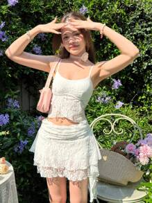 SHEIN 2 件青少年女孩休闲简约背心，带不对称下摆荷叶边和 A 字裙套装