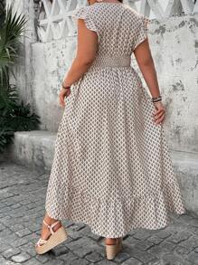 SHEIN Holidaya Plus Size Women Deep V-Neck Drawstring Waist Full Print Vacation Dress