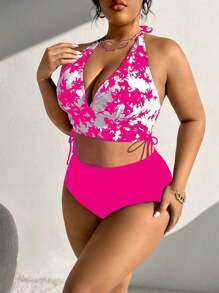 Swim Lushoire Plus Size Swimsuit Set, Functional Swimwear & Triangle Swim Trunks, Fashionable For Summer - Hot Pink - View 3