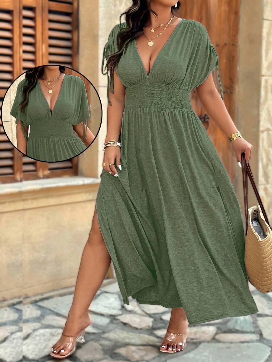 SHEIN Holidaya Plus Size Soft Knit Adjustable Shoulder Line Romper With Short Sleeves, Drawstring Waist, Side Slit, V-Neck, Casual Dress For Outing & Vacation - Army Green - View 1