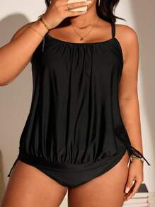 Swim Lushoire Set da due pezzi con reggiseno a bretelle e pantaloncini taglio a vita alta, in taglia comoda, con controllo addominale, minimalista e casual - nero - Visualizzare 1