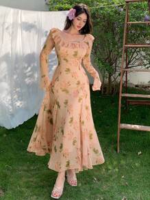 DAZY Damen langes Blumenkleid, Frühlings-/Herbstkleid mit Langarm