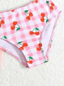 Conjunto de traje de baño de 3 piezas con falda minifalda, estampado a cuadros y cereza para niña joven de vacaciones