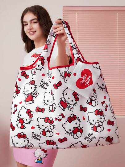 HELLO KITTY AND FRIENDS | SHEIN 可爱卡通可折叠购物手提袋，配有小串珠袋，可挂在包上