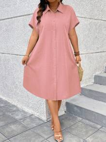 SHEIN LUNE Váy sơ mi tay ngắn màu trơn cỡ lớn cho nữ, trang phục Maxi cho Giáng sinh dành cho nữ - Màu Hồng  Dưa hấu - Xem 4
