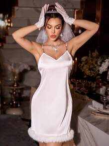 SilkySpell Women's Sexy Faux Fur Backless Rhinestone Satin Slip Nightgown - White - View 7
