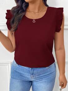 SHEIN Frenchy Plus Size Casual Elegant Leopard Print Tie-Up Spliced Cap Sleeve Crew Neck Pullover Shirt - Burgundy - View 6