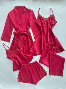 SilkySpell 5件套刺绣滚边V领吊带背心上衣、短裤、长裤、睡裙、系带睡袍丝滑女士睡衣套装，秋冬服装 - 酒紅色 - 查看 6