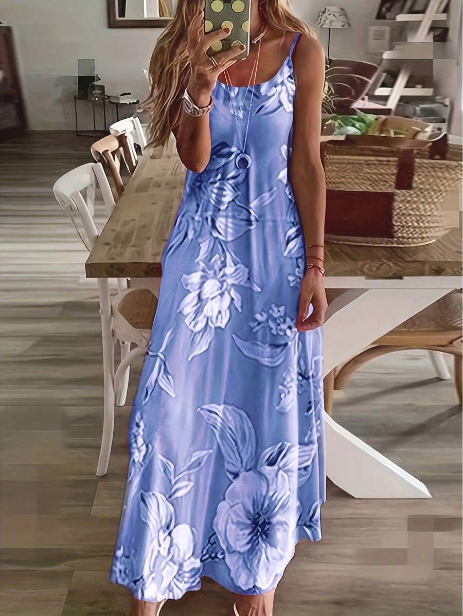 Tropical Flower Print Sexy Cami Design Women's Dress Maxi Women Outfit - 淺藍色 - 查看 1