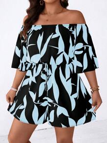 SHEIN LUNE Plus Size Women Casual Off Shoulder Jumpsuit With Printed Pattern