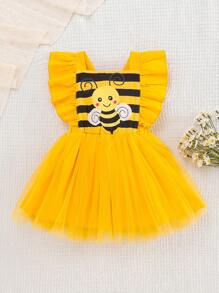SHEIN Playful Pals 1pc Baby Girls Crew Neck Striped Bee Sleeveless Cap Sleeve Mesh Princess Dress, Cute Casual Everyday Party School Halloween Tulle Skirt, Summer New Arrival - Yellow - View 3