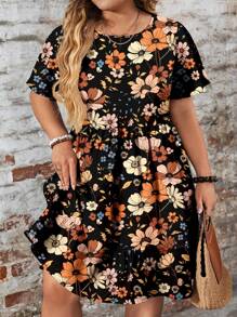 EMERY ROSE Váy suông tay ngắn cổ tròn họa tiết hoa đơn giản, phù hợp với người ngoại cỡ, mùa xuân/hè - Nhiều màu - Xem 1