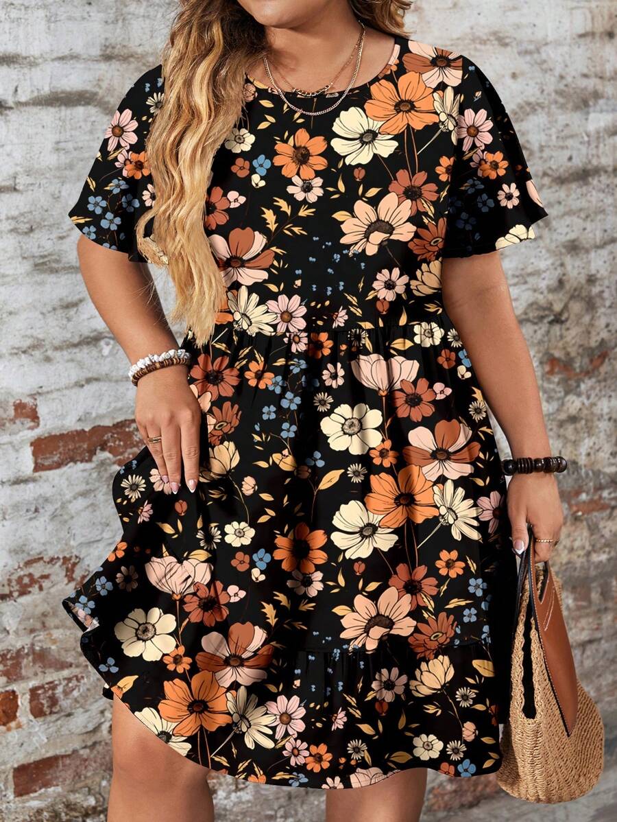 EMERY ROSE Váy suông tay ngắn cổ tròn họa tiết hoa đơn giản, phù hợp với người ngoại cỡ, mùa xuân/hè - Nhiều màu - Xem 1