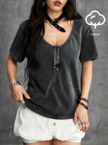 Coolane Women's Summer Cowgirl Streetwear Vintage Grunge V-Neck Loose Dirty T-Shirt For Music Festival