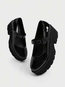 Sugerpunk Women Black Leather Chunky Wedge Platform Shoes, For Outdoor, Graduation, Wedding Party, Summer, University Students, Spring - Black - View 5