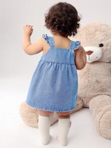 2 件套女婴可爱甜美荷叶边吊带宽松牛仔连衣裙和松紧腰牛仔短裤 - 淺色水洗藍 - 查看 2