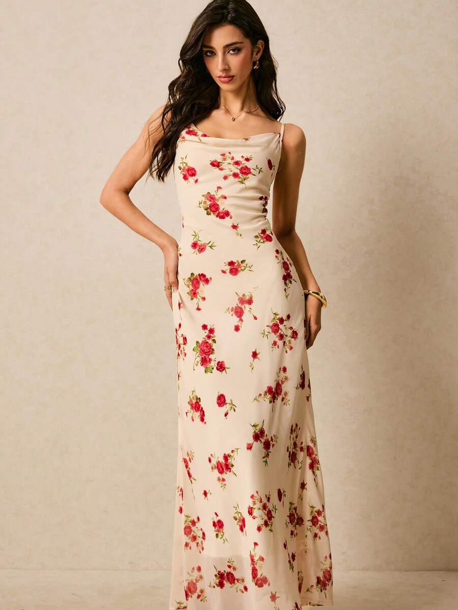 女士优雅满花印花超长吊带裙 - 粉色 - 查看 1